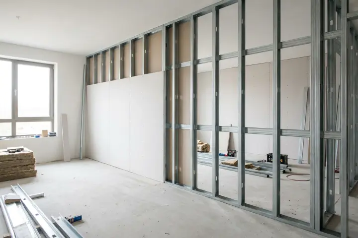 Gipskarton wand op metalen profielwerk, klaar om beplaat te worden